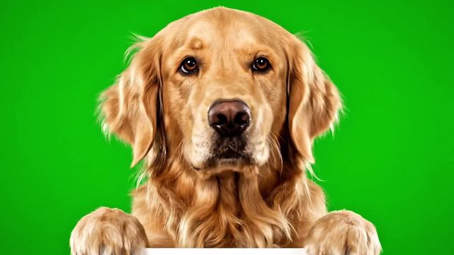 Golden retriever dog looking forward on green background  
