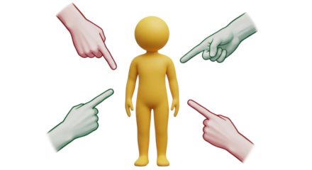 Isolated person being blamed, stick figure with hands pointing at it, guilt and responsibility