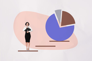 3d pop image zine art collage of happy businesswoman businessman stand career ladder development diagram statistics progress