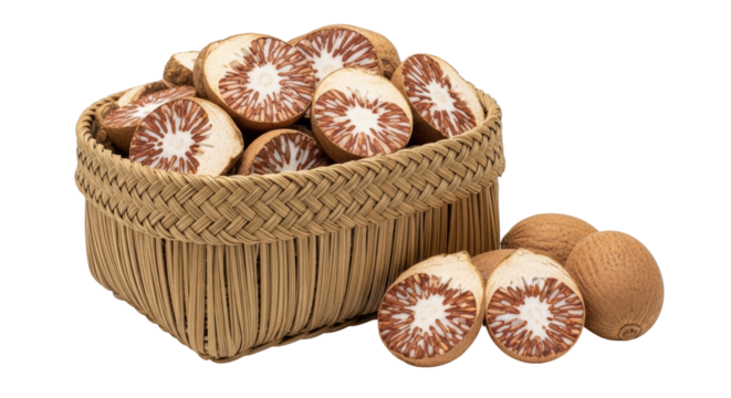 Isolated betel nuts in basket, areca palm nuts cut in half, sliced fruit in weave container