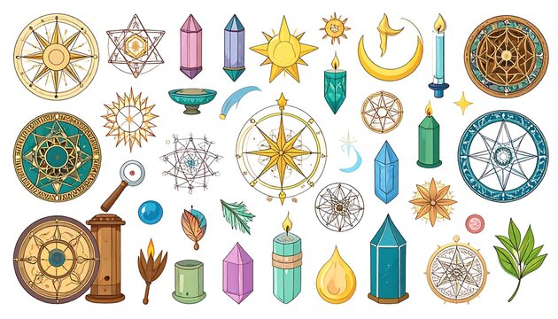 Assortment of magical symbols, compasses, crystals, and celestial objects