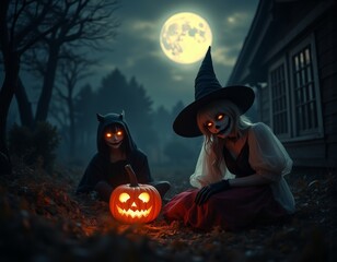 Spooky halloween night illustration with ghost pumpkin and witch hat halloween costumes costume illustration holiday cartoon party zombie 