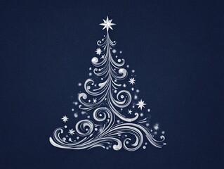 Elegant Christmas Tree Vector with Swirls and Stars on Dark Blue Background, Holiday Card Design