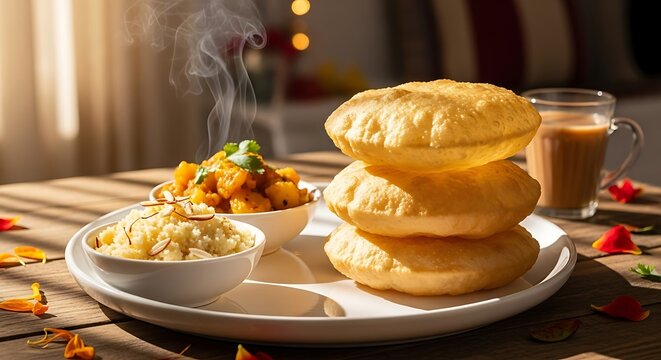 Traditional Indian breakfast poori with aloo sabzi and sooji halwa on a white plate, served with a cup of chai, against a sunlit background