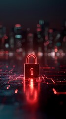 Cybersecurity Concept with Red Padlock and Digital City Background