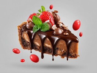 Chocolate cake slice with drizzle, strawberries, and candies on transparent background, food photo