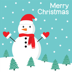 Cheerful snowman in mittens standing in a forest with Christmas trees. Winter holiday card for Christmas and New Year. Flat cartoon vector illustration.
