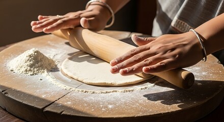 Hands rolling out dough with a wooden rolling pin on a flour-dusted wooden board, preparing traditional Indian flatbread, chapati, in natural light