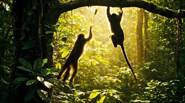Monkey walking on a branch in a lush green forest