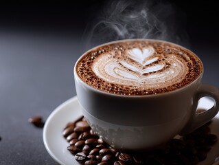 Latte Art Outline Coffee Cup with Steam and Scattered Beans on Dark Gray Background, Professional Photography