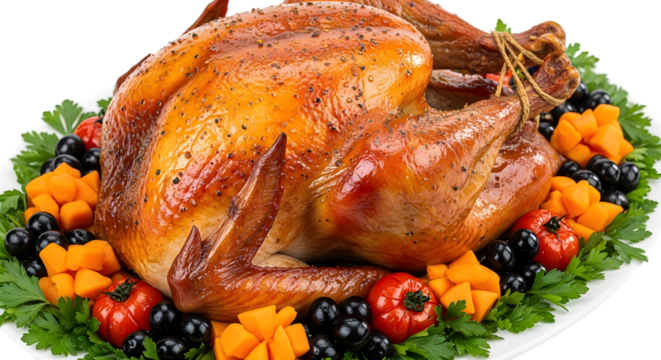 A perfectly roasted, goldenbrown turkey, garnished with fresh parsley, blueberries, cherry tomatoes, and diced butternut squash, isolated on a transparent background