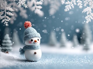 Cute snowman in snowy blue winter scene with falling snowflakes, trees, and frost border for holiday cards