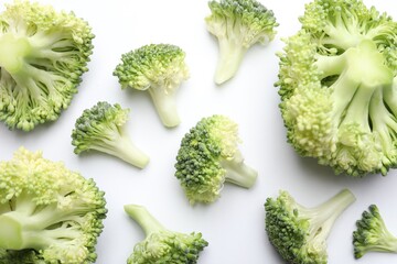 Fresh green broccoli on white background, top view