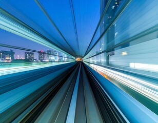 A long exposure photograph captures a high-speed journey, blurred lights, and streaking lines converging toward a cityscape