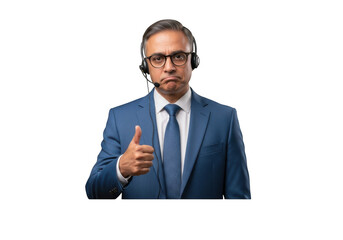 Mature businessman in blue suit giving thumbs up with headset customer service representative isolated on transparent background
