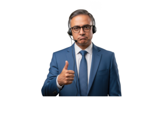 Mature businessman in blue suit giving thumbs up with headset customer service representative isolated on transparent background