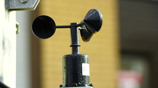 Wind speed sensor with rotating cups wet from rain illustrating weather measurement, climate monitoring technology and environmental observation system in urban outdoor setting