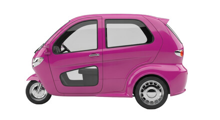 Isolated three-wheeled microcar in shiny pink, a unique and compact urban vehicle concept