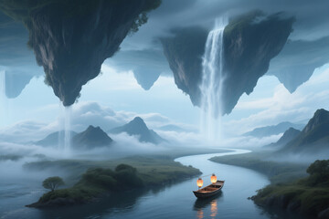 Boat Floating Through River Beneath Floating Waterfall Islands