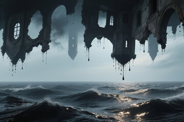 Upside Down Gothic Architecture Melting Over Stormy Ocean Waves