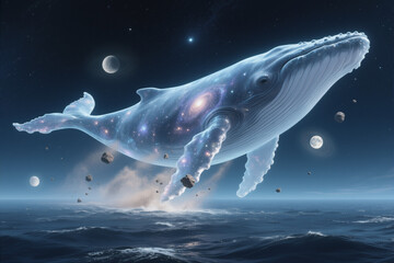 Cosmic Whale Jumping Through Space Among Planets and Stars