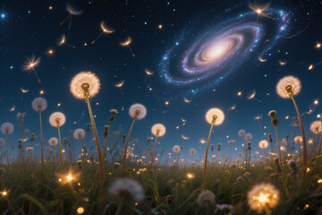 Field of Dandelions Under Spiral Galaxy Night Sky