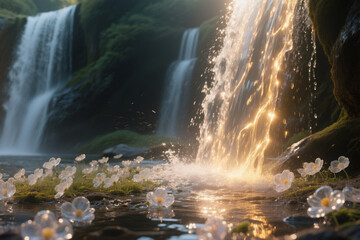 Golden Waterfall Flowing Beside Crystal Flowers in Enchanted Forest