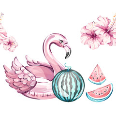 Vibrant seamless pattern background wallpaper featuring playful summer themes with pink flamingo, watermelon slices, and tropical flowers for festive celebrations