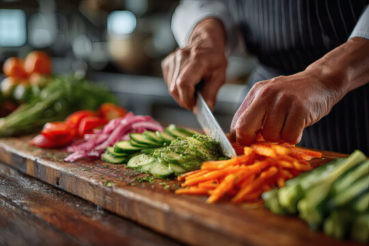 Hands of a chef cutting vegetables on a wooden board in a kitchen.