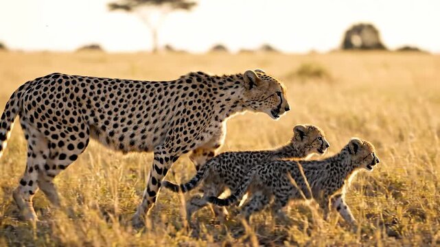 Mother cheetah with two cubs walking in golden grass - Powered by Adobe