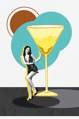 Exclusive image art pop trend collage of happy girl dance cocktail glass celebration holiday weekend chill event pub relax