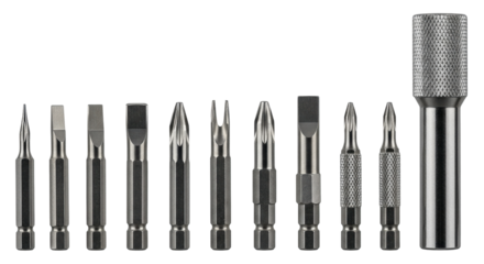 Isolated Variety of Metal Screwdriver Bits on Display for Industrial and Home Use, Silver