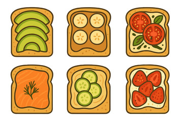 Assortment of delicious breakfast toasts featuring fresh fruit vegetables and smoked salmon