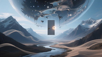 Floating Door Suspended Beneath Cosmic Sky Over Snowy Mountains