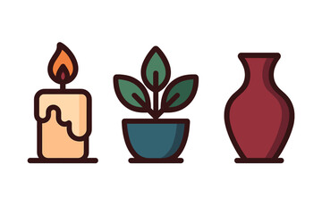 Decorative household objects set with burning candle, potted plant, and ceramic vase