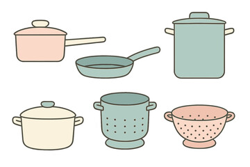 Collection of pastel kitchen cookware including saucepans, frying pan, stock pots, and colanders
