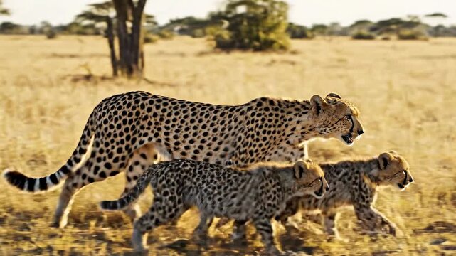 Mother cheetah with two cubs walking through tall savanna grass