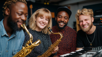 Musicians jamming together in studio, instruments and smiles, creativity and rhythm, artistic connection, teamwork in music, collaboration and inspiration, artistic energy, with co