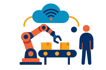 Smart factory production line with robotic arm, conveyor belt, and cloud network