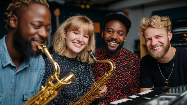 Musicians jamming together in studio, instruments and smiles, creativity and rhythm, artistic connection, teamwork in music, collaboration and inspiration, artistic energy, with co