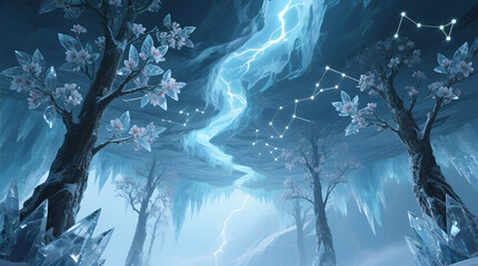 Crystal Forest with Lightning and Constellations in Frozen Cave
