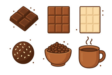 Set of icons showing chocolate bars, coffee beans, truffle, and hot drink mug