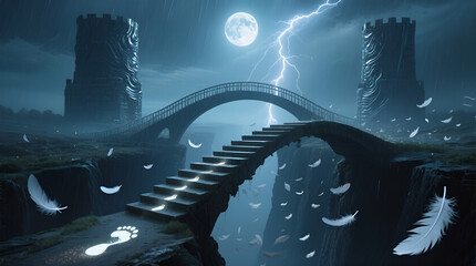 Man Walking on Surreal Bridge between Towers beneath Moonlight Storm
