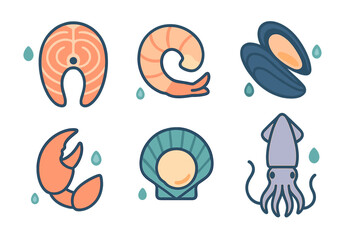 Fresh seafood collection of outlined icons including salmon, shrimp, mussels, crab, scallop, and squid
