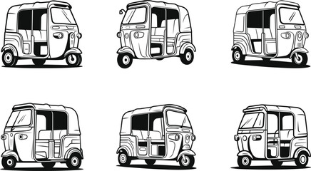 Set of auto rickshaw silhouette, line art vector illustration