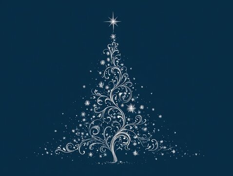 Elegant Christmas Tree Vector with Swirls and Stars on Deep Blue Festive Card