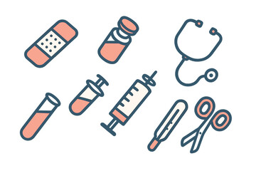 Flat outline icons representing various medical and healthcare tools and supplies