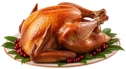 A perfectly roasted, golden brown whole turkey, garnished with fresh cranberries and green leaves, isolated on transparent background, ready for a festive holiday meal