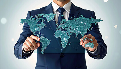 Businessman in suit holding a glowing digital world map with data points and connections