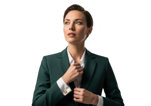 Professional businesswoman in green suit adjusting collar png image for design projects and mockups isolated on transparent background